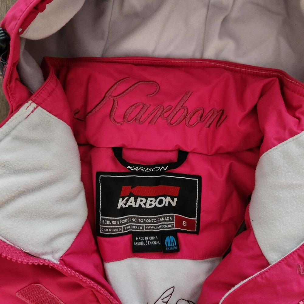 Karbon Women's Ski Snowboard Jacket Size 6 XS \ Small - Pink \ White Hooded - Picture 2 of 8